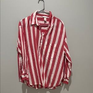Red and White Striped Button-Up Shirt